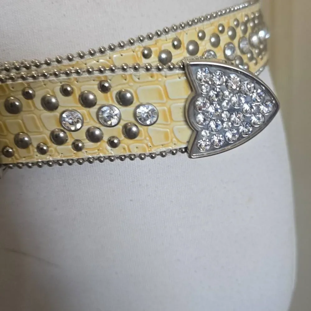 Ladies Western Rhinestone Horseshoe Bkl Yellow/Slvr Genuine Leather Belt, New ML